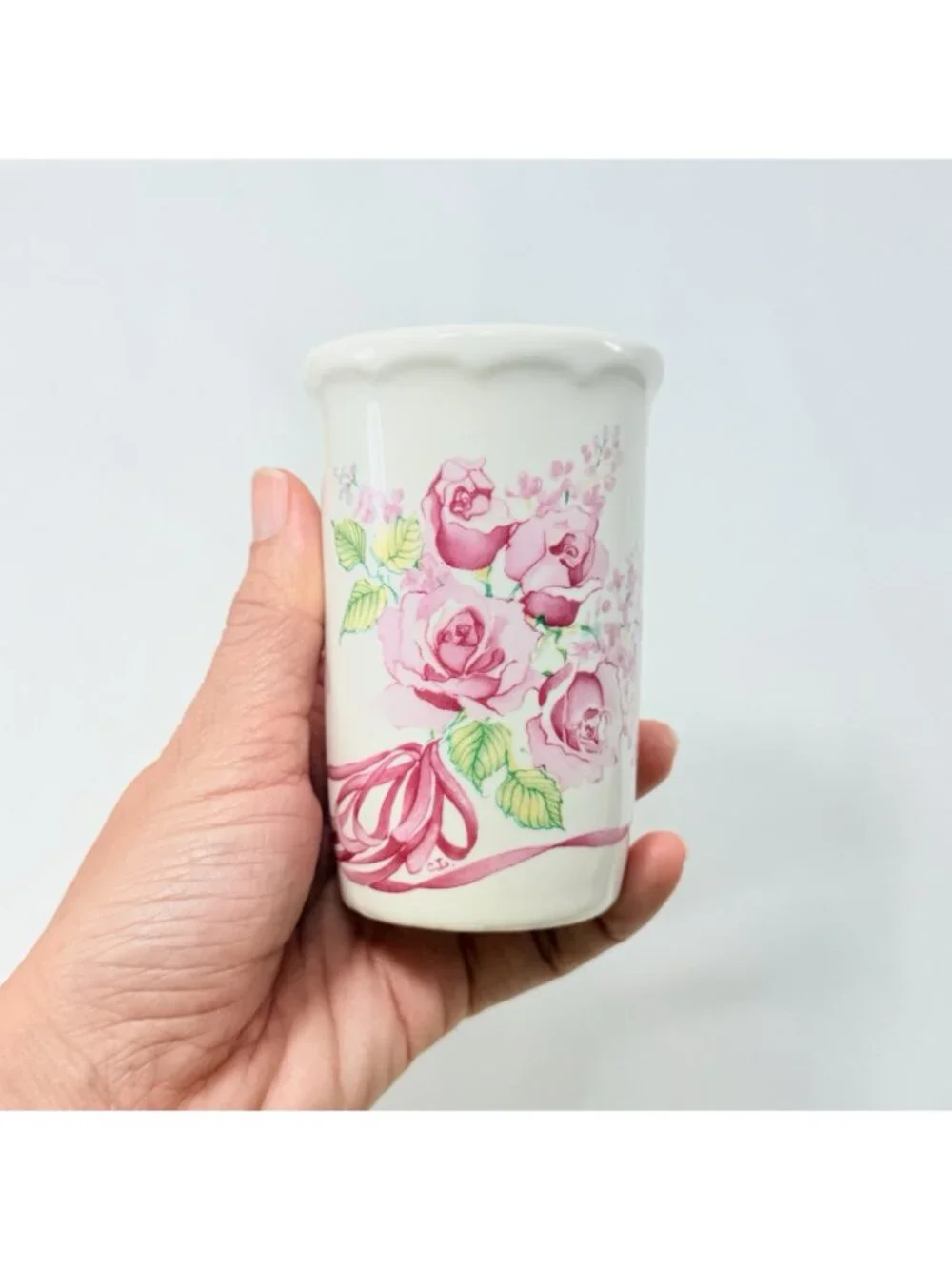 Vintage Potpourri Press Roses Ribbons Vase Flowers Pink Bouquet Toothpick Holder